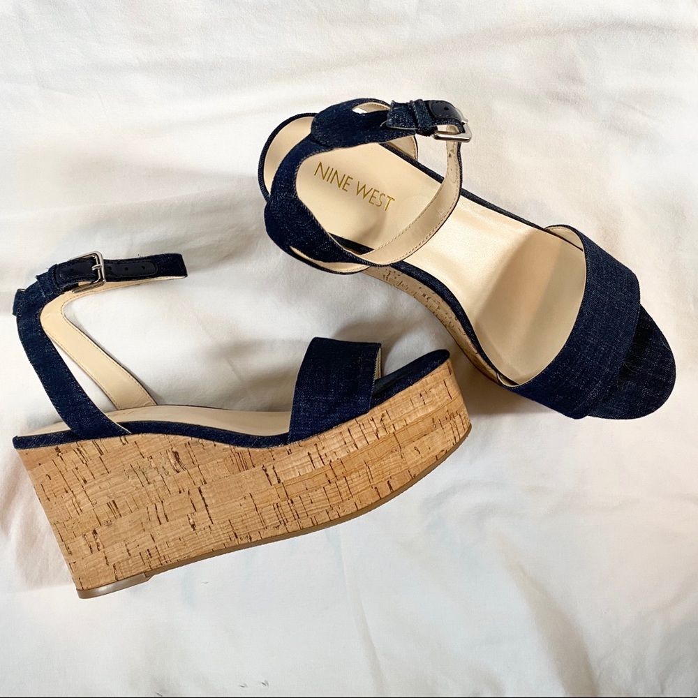 Nine West Cork & Denim Platform Sandal Size 8